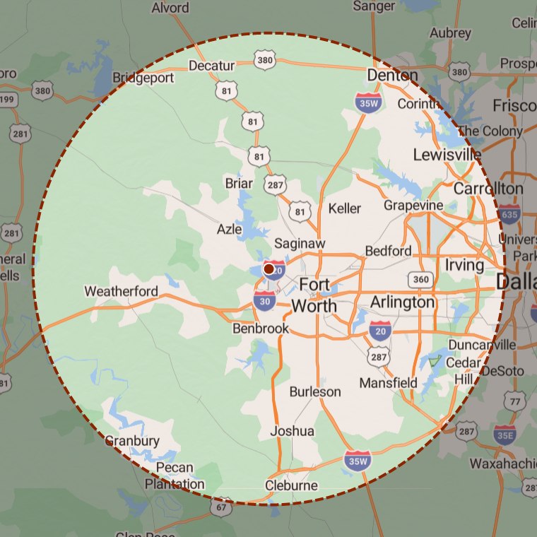 Map of the RedBeard Plumbing service area around North Fort Worth, showing a 35-mile radius covering Tarrant County and Parker County